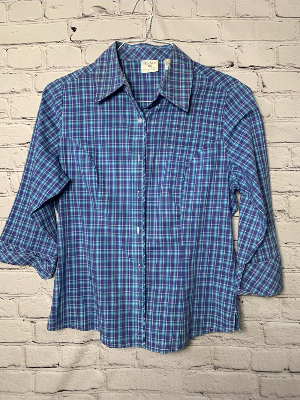 Riders by Lee Blue Teal Plaid Button-Front Blouse